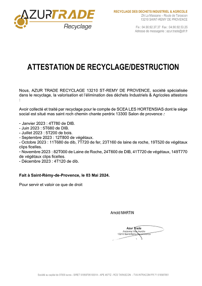Recyclage déchets - Attestation de recyclage et destruction déchets.