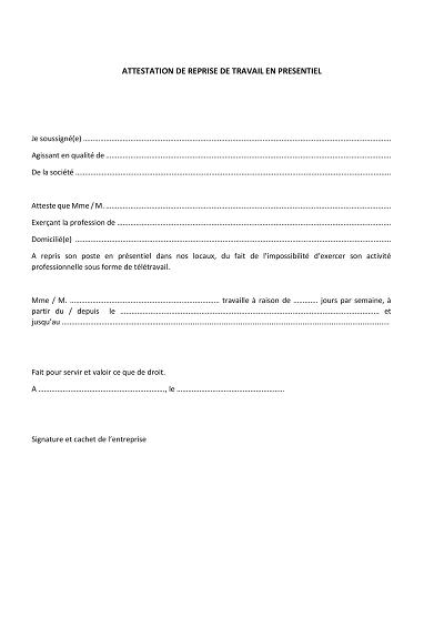 Reprise présentiel - Certifie la reprise du travail en présentiel