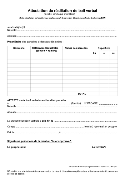 Résiliation bail - Attestation de résiliation de bail verbal