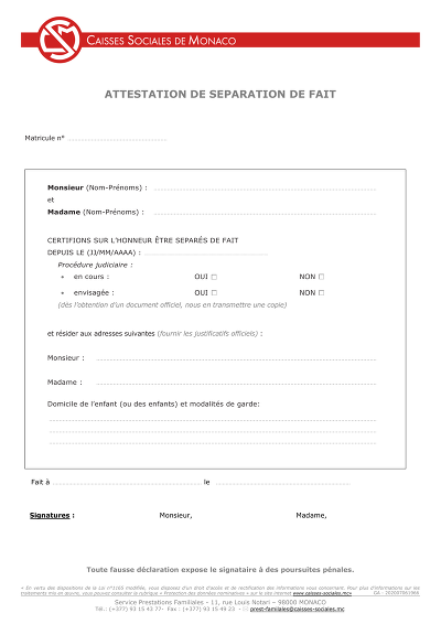 Separation de fait - Séparation de fait, attest. d’adresses