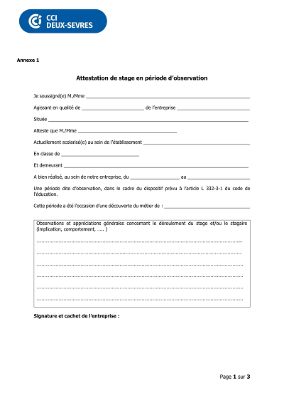 Stage observation - Attestation et fiche d’évaluation pour stage d’observation