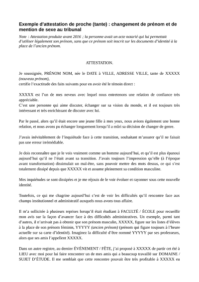 Témoignage tante - Exemple de témoignage de tante devant tribunal