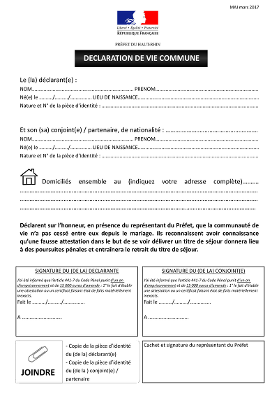 Vie Commune Préfet - Déclaration vie commune en préfecture avec pièces