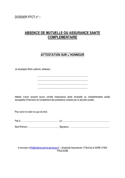 Absence Mutuelle - Attestation sur l’honneur d’absence de mutuelle
