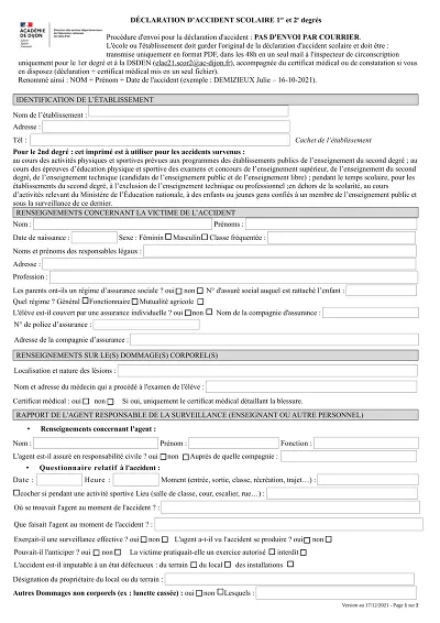 Accident scolaire - Formulaire de déclaration d’accident en milieu scolaire