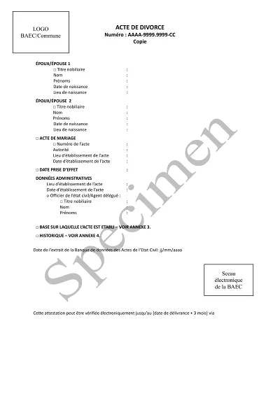 Acte de divorce - Modèle d’acte officiel de constatation du divorce
