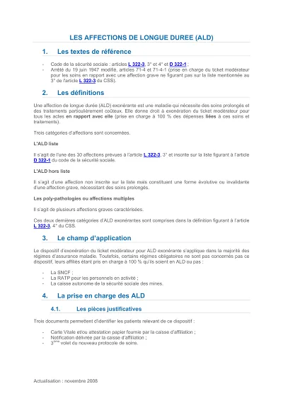 ALD Définitions - Texte de référence et définitions des ALD exonérantes