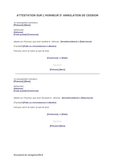 Annulation cession - Attestation d’annulation de cession de véhicule