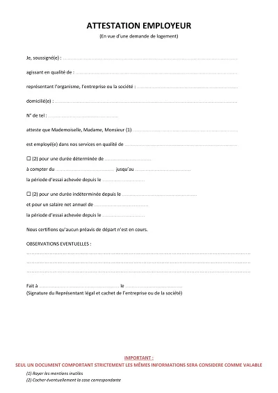 Attest. employeur - Certifie l’emploi en vue d’une demande de logement