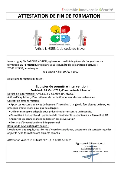Attest EPI formation - Attestation fin formation Equipier intervention