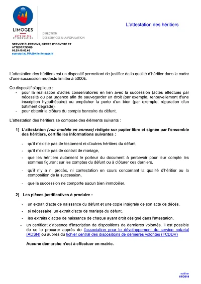Attest. héritiers - Modèle d’attestation des héritiers sans notaire