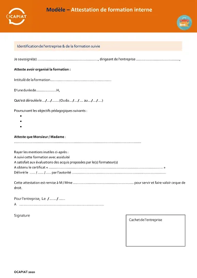 Attest interne annexe - Modèle annexe d'attestation de formation interne