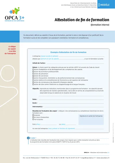 Attest interne société - Exemple d'attestation fin formation interne
