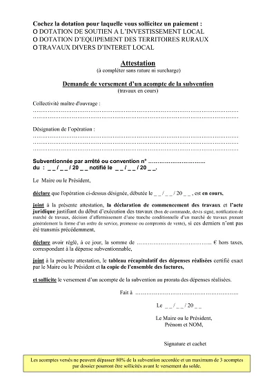 Attestation Acompte - Form for requesting advance payment of subsidy