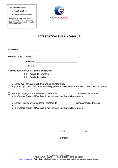 Attestation autoE - Déclare zéro ou montant de chiffre d’affaires.