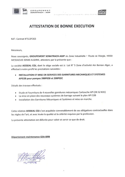 Attestation bonne exécution - Certifie l’exécution conforme de prestations techniques