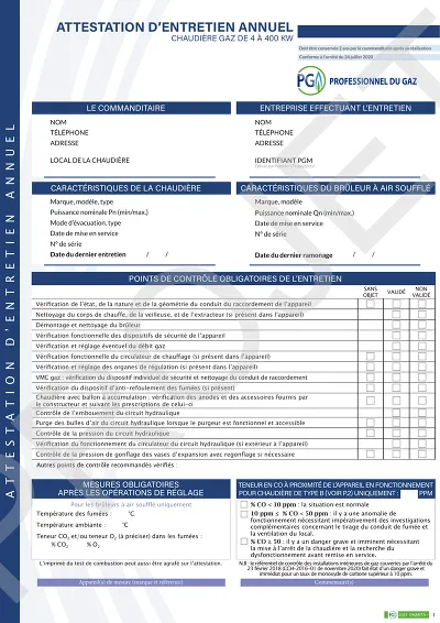 Attestation chaudière - Certificat d’entretien annuel pour chaudière gaz