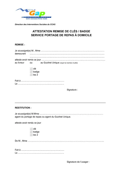 Attestation clés portage - Attestation de remise et restitution de clés/badges portage repas