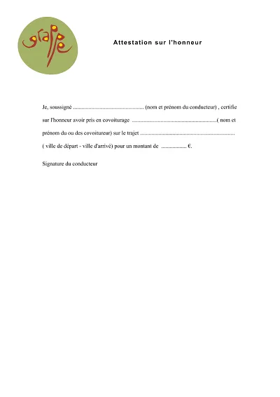 Attestation covoiturage - Modèle simple d'attestation sur l'honneur pour covoiturage