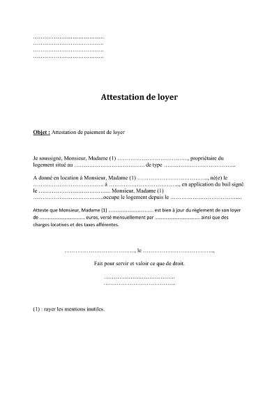 Attestation de loyer - Modèle d’attestation de paiement de loyer PDF