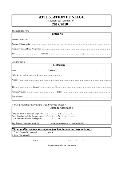 Attestation de stage - Formulaire générique d’attestation de stage entreprise