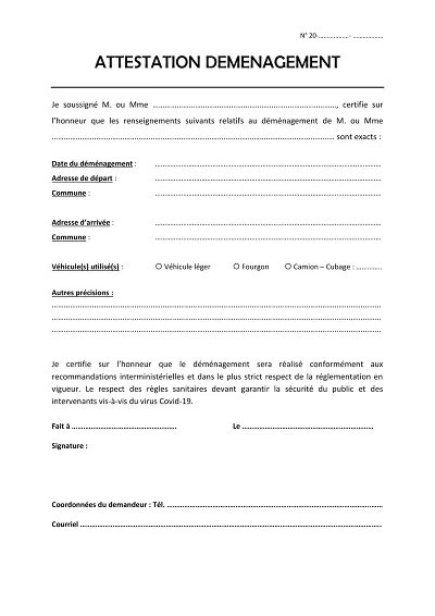 Attestation déménagement - Modèle d’attestation sur l’honneur de déménagement