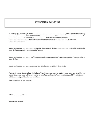 Attestation employeur - Attestation employeur précisant contrat et salaire