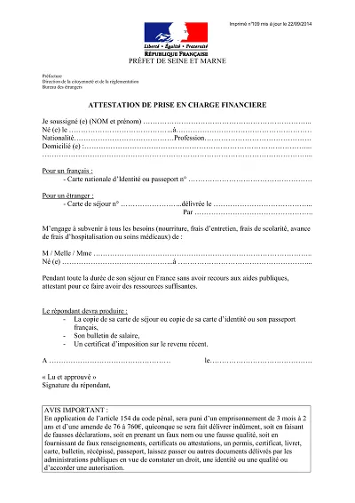 Attestation financière - Formulaire préfectoral de prise en charge