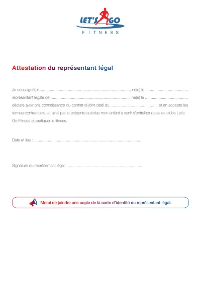 Attestation fitness - Attestation du représentant légal pour pratique en club de fitness