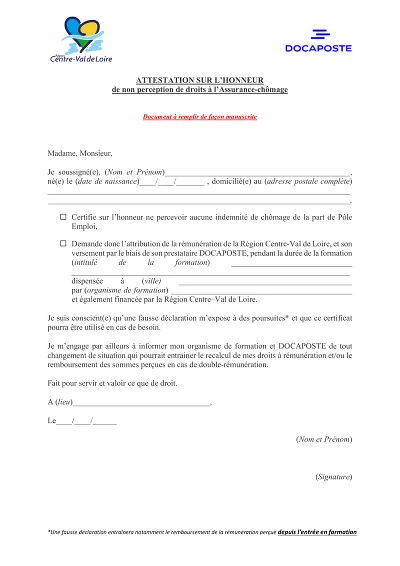 Attestation formation - Certifie l’absence d’indemnités chômage pour une formation