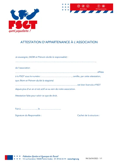 Attestation FSGT - Certifie qu’un membre appartient à l’association