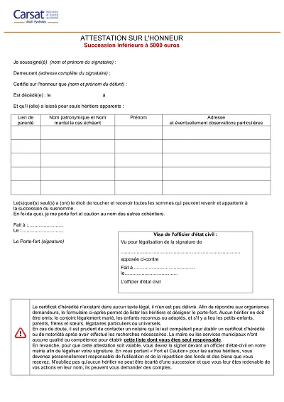Attestation Honneur - Attestation pour héritiers et porte-fort
