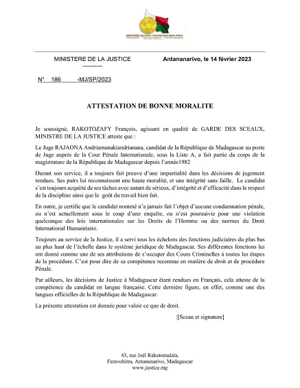 Attestation ICC - Certificat de bonne moralité pour candidat à la CPI