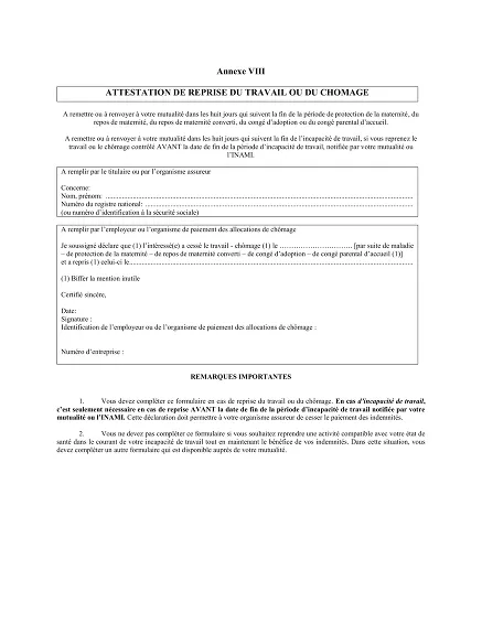 Attestation INAMI - Formulaire mutuelle pour reprise travail