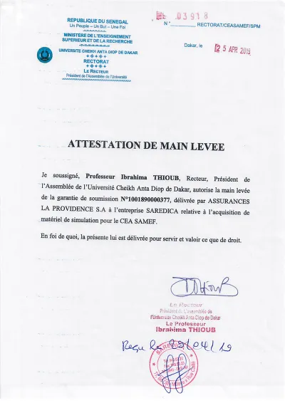 Attestation mainlevée - Autorise la mainlevée de garantie bancaire pour matériels