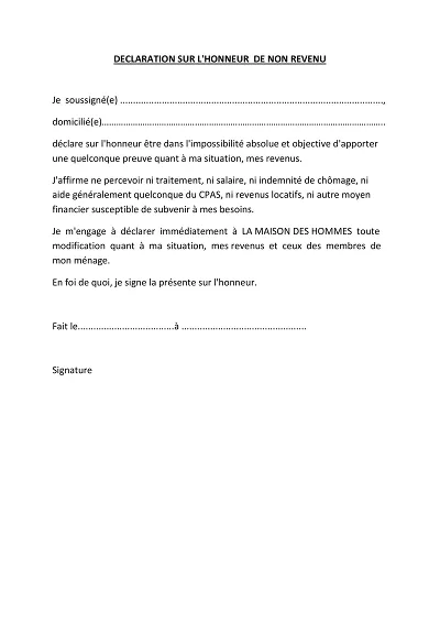 Attestation non-revenus - Déclare absence de revenus et indemnités chômage