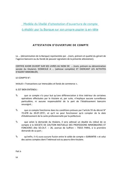 Attestation ouverture - Certifie ouverture d'un compte bancaire