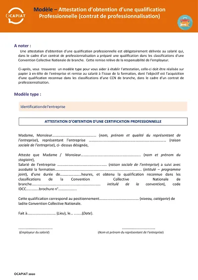 Attestation Qualification - Atteste l’obtention d’une qualification pro