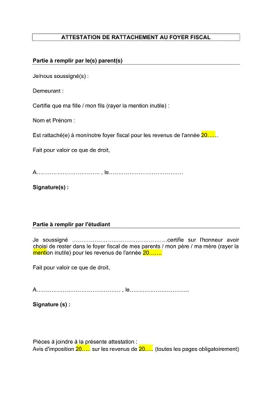 Attestation rattachement - Formulaire parents et étudiant pour rattachement