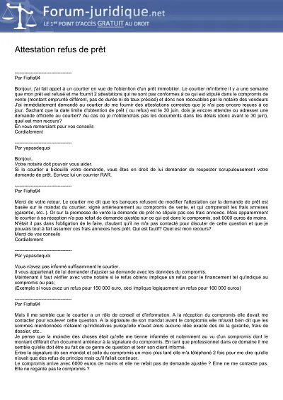Attestation refus prêt - Échange sur la conformité d’attestations de refus de prêt.