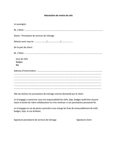 Attestation remise clés - Attestation de remise de clés entre client et prestataire de ménage