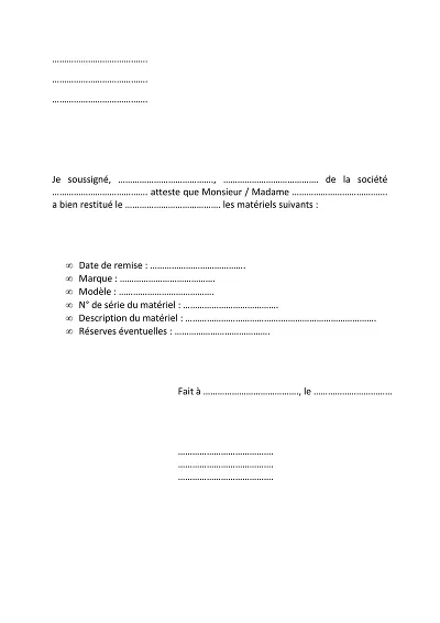 Attestation retour - Attestation de restitution de matériel professionnel.