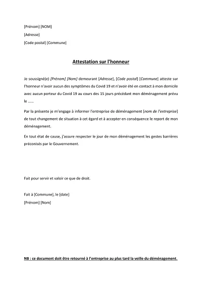 Attestation santé déménagement - Certifie l’absence de symptômes Covid pour déménagement