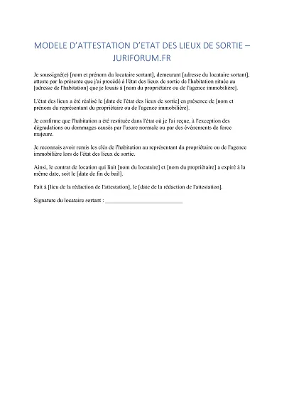 Attestation sortie - Atteste l'état des lieux de sortie du logement
