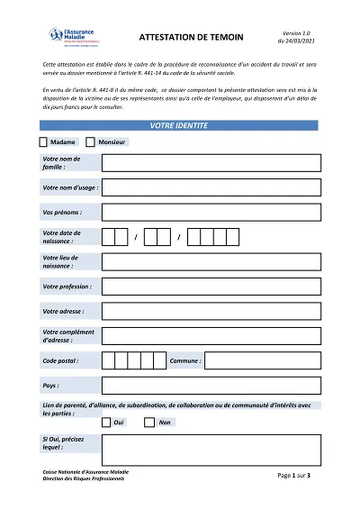 Attestation témoin AT - Formulaire de témoignage d’accident du travail.