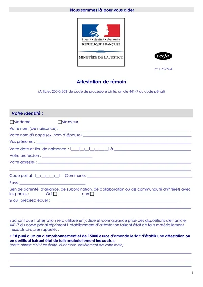 Attestation témoin - Formulaire d'attestation de témoin pour justice