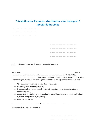 Attestation transport durable - Modèle attestation pour transports durables dont covoiturage