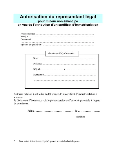 Autorisation carte grise - Autorisation du représentant légal pour certificat d’immatriculation