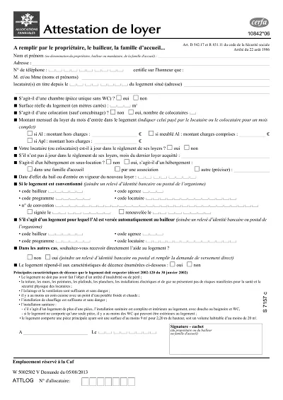 Cerfa 10842 CAF - Formulaire officiel CAF d’attestation de loyer à jour