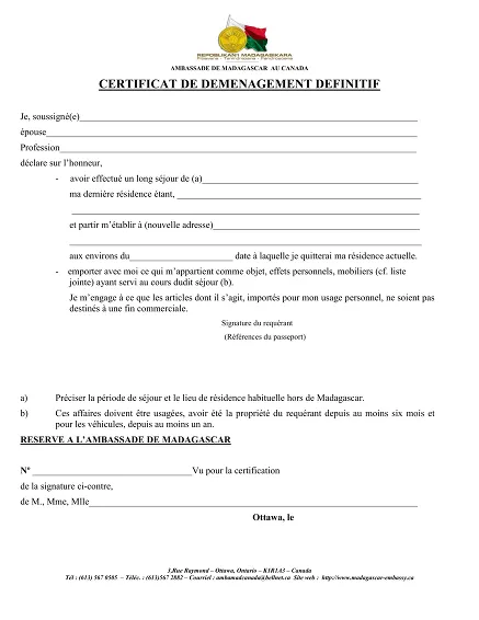 Certif. déménagement - Certificat de déménagement pour ambassade Cameroun